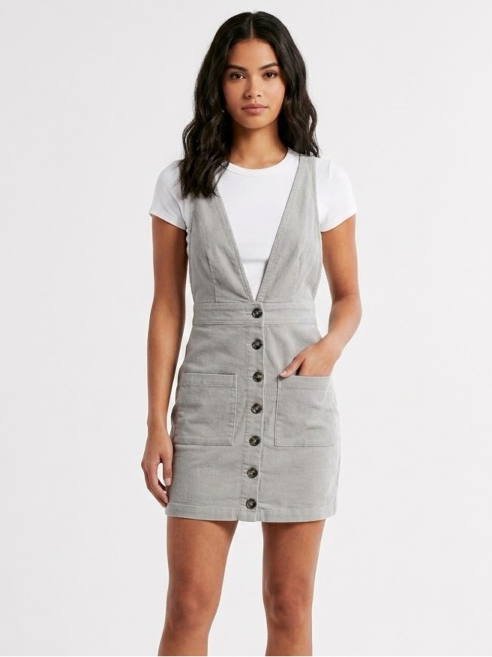 [Windsor] Gray Corduroy Overall Button Dress